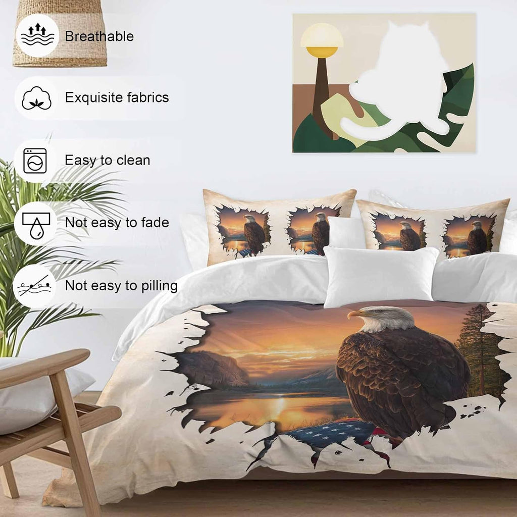 Independence Day Duvet Cover Set Queen Size 4 Pieces Eagle Retro American Flag Sunset Country Bedding Set with Zipper Closure, 1 Comforter Cover 90x92 Inches 1 Flat Sheet & 2 Pillow Cases