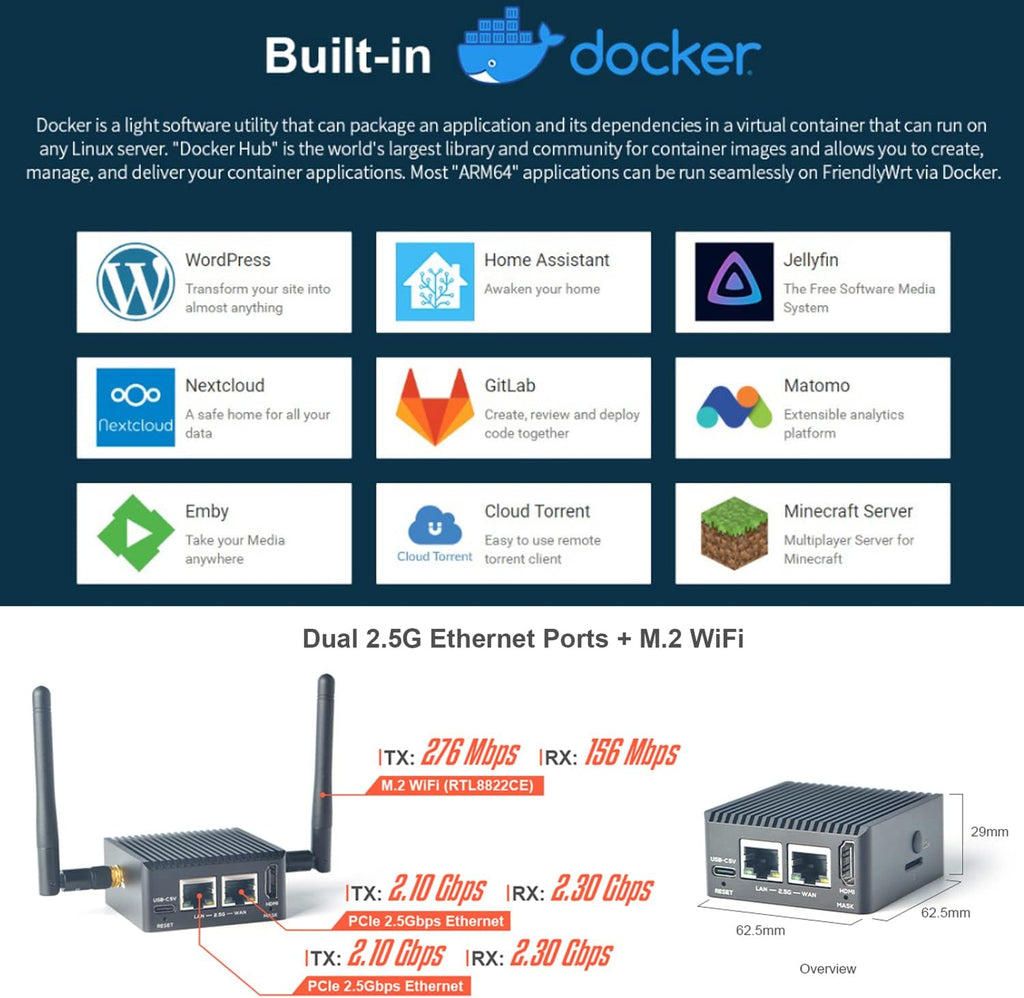 Nanopi R5C Wireless Mini WiFi Router OpenWRT with Rockchip RK3568B2 Soc 0.8T NPU 4GB LPDDR4X RAM 64GB eMMC Onboard Dual PCIe 2.5Gbps Ethernet Ports M.2 BT WiFi Module Slot Support Debian Ubuntu