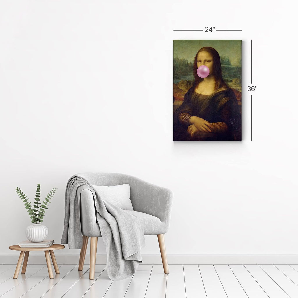 Smile Art Design Leonardo Da Vinci's Masterpiece Mona Lisa Pink Bubble Gum Art CANVAS PRINT Famous Paintings Wall Art Classic Art Home Decor Stretched Ready to Hang Made in USA 40x30