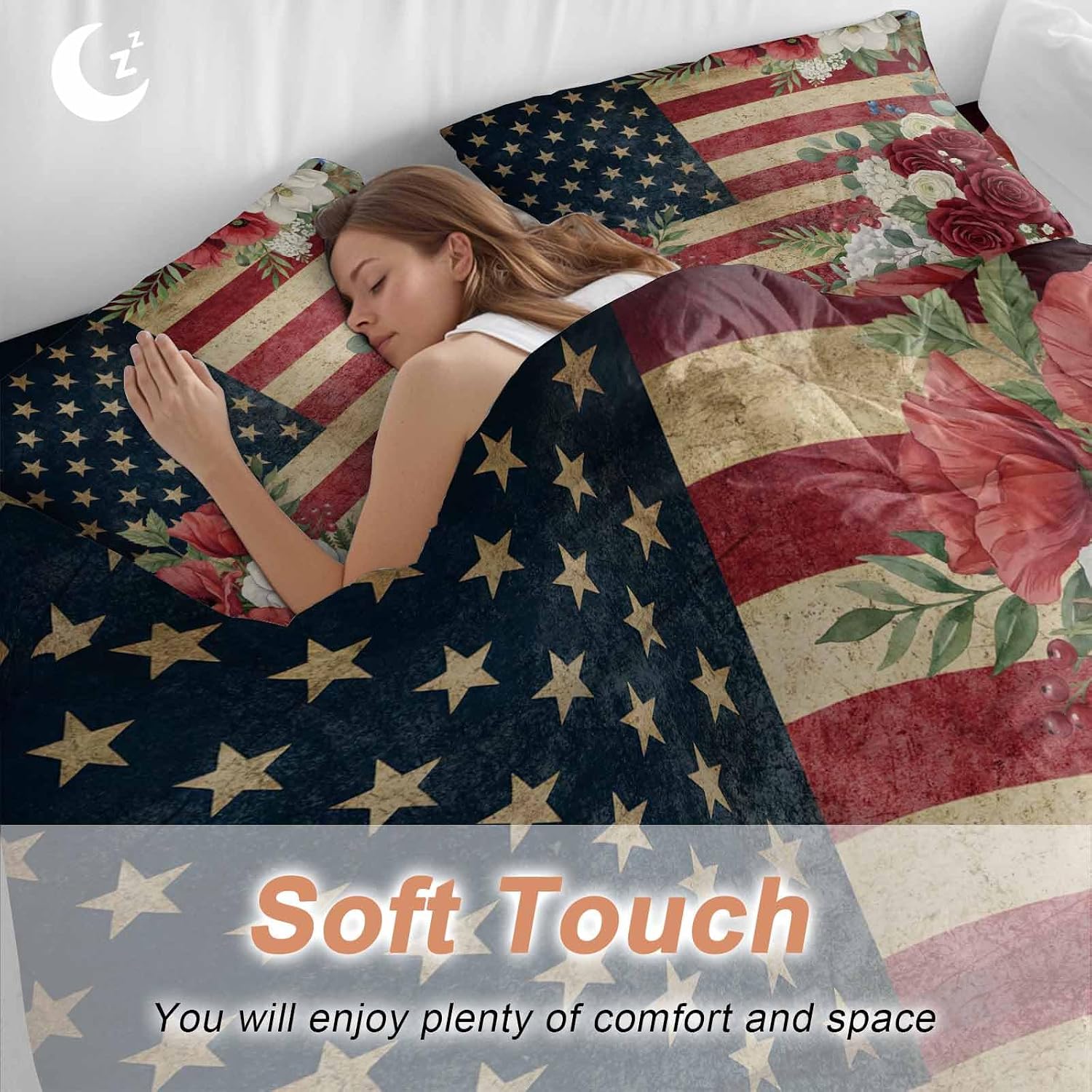 4th of July Duvet Cover Set Queen Size 4 Pieces Patriotic USA Flag Stars Red Flowers Leaf Rustic Bedding Set with Zipper Closure, 1 Comforter Cover 92x106 Inches 1 Flat Sheet & 2 Pillow Cases