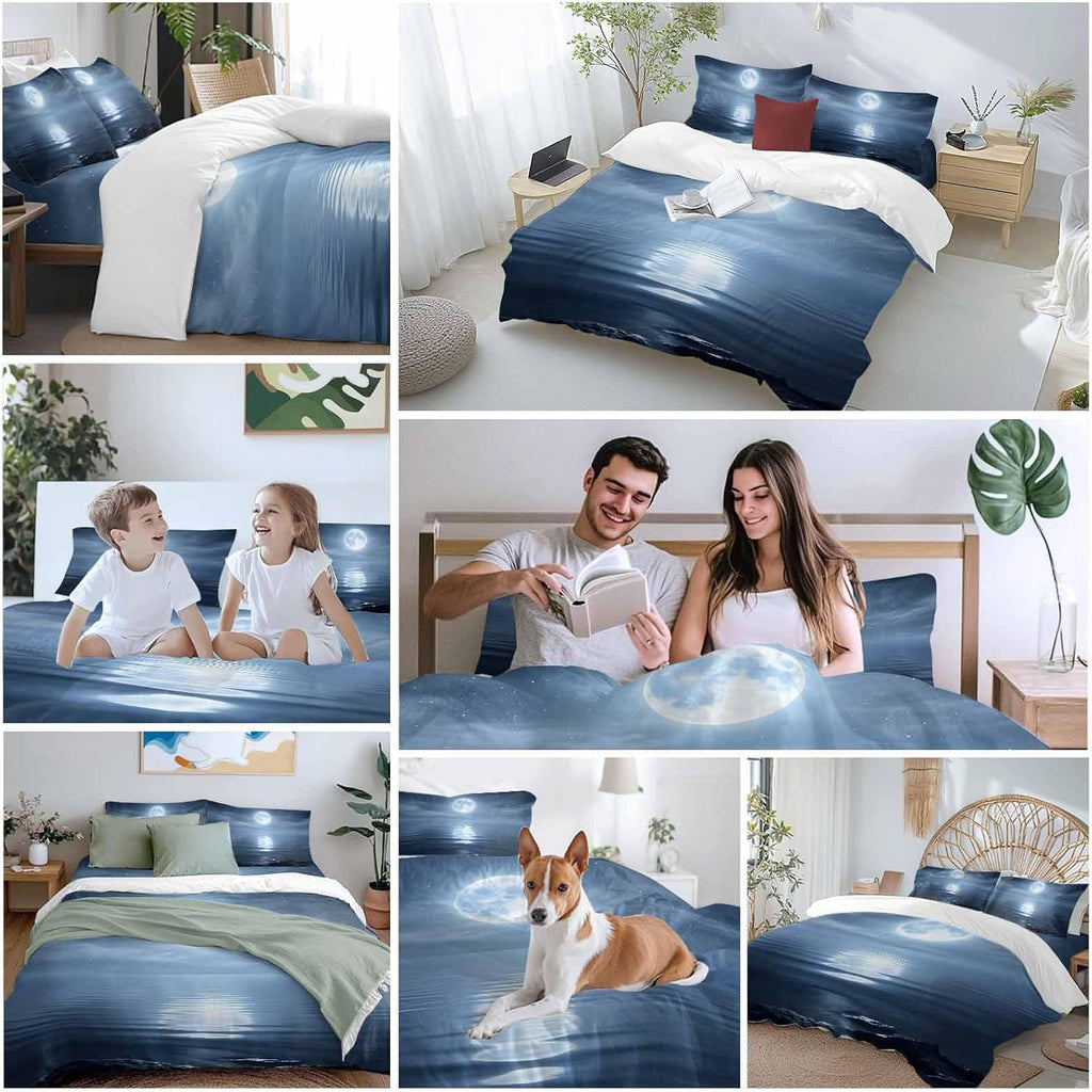 Prime Leader Night Ocean Duvet Cover Set Queen Size 4 Pieces Natural Scenery Moonlight Sparkling Water Bedding Set with Zipper Closure, 1 Comforter Cover 86x86 Inches 1 Flat Sheet & 2 Pillow Cases