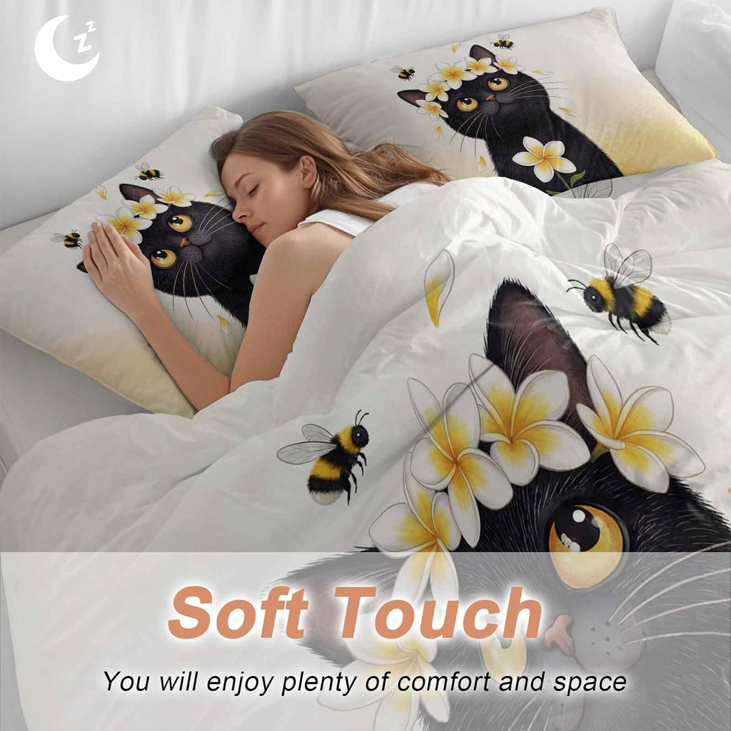 Prime Leader Cute Black Cat Duvet Cover Set Queen Size 4 Pieces Yellow Flower Bee Country Style Fields Bedding Set with Zipper Closure, 1 Comforter Cover 86x86 Inches 1 Flat Sheet & 2 Pillow Cases