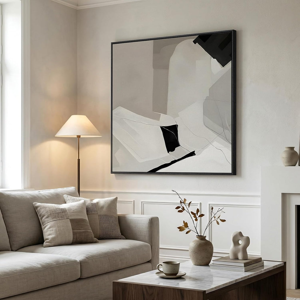 Extra Large Framed Black and White Abstract Wall Art for Living Room, Oversized Square Modern Canvas Prints Paintings, Neutral Minimalist Pictures for Hallway Dining Bedroom Office Wall Decor 40x40 In