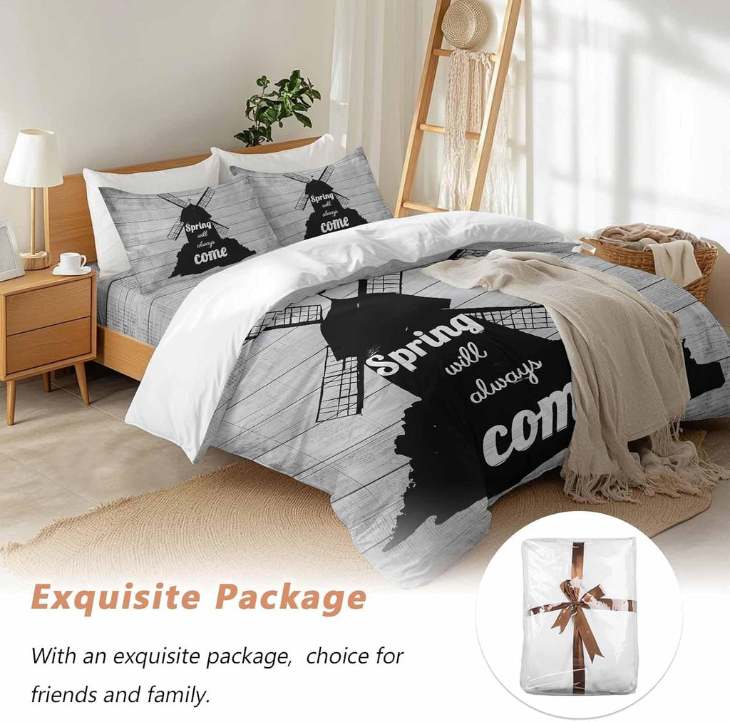 Black Windmill Duvet Cover Set Queen Size 4 Pieces Spring Will Always Come Letters Gray Wood Grain Bedding Set with Zipper Closure, 1 Comforter Cover 90x92 Inches 1 Flat Sheet & 2 Pillow Cases