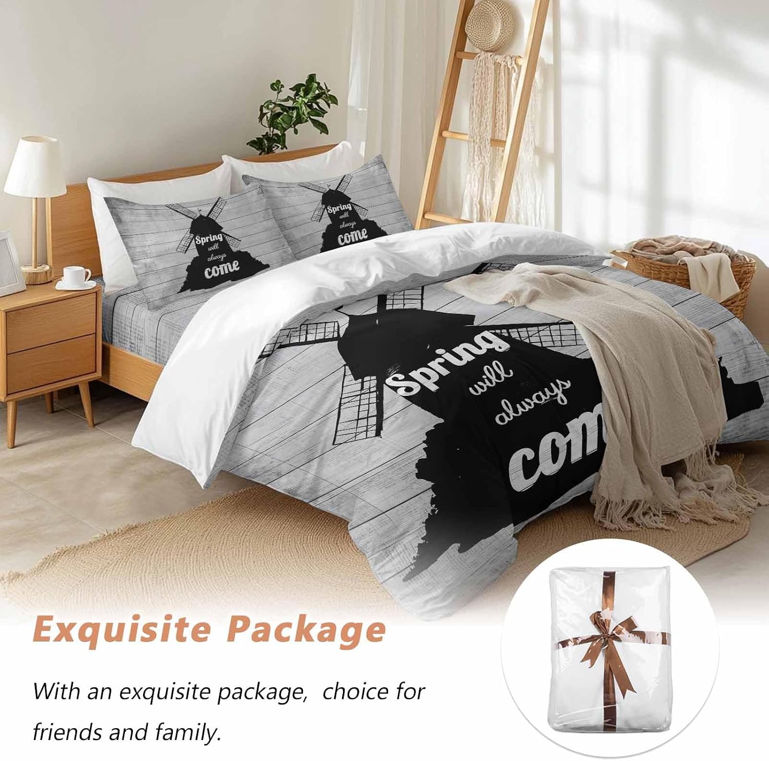 Black Windmill Duvet Cover Set Queen Size 4 Pieces Spring Will Always Come Letters Gray Wood Grain Bedding Set with Zipper Closure, 1 Comforter Cover 86x86 Inches 1 Flat Sheet & 2 Pillow Cases