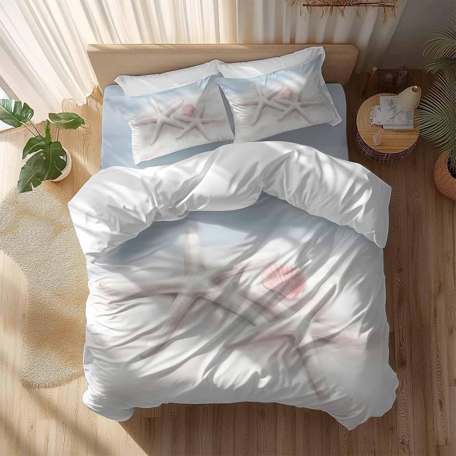 Prime Leader Starfish Shell Duvet Cover Set Queen Size 4 Pieces Summer Ocean Beach Coastal Bedding Set with Zipper Closure, 1 Comforter Cover 86x86 Inches 1 Flat Sheet & 2 Pillow Cases