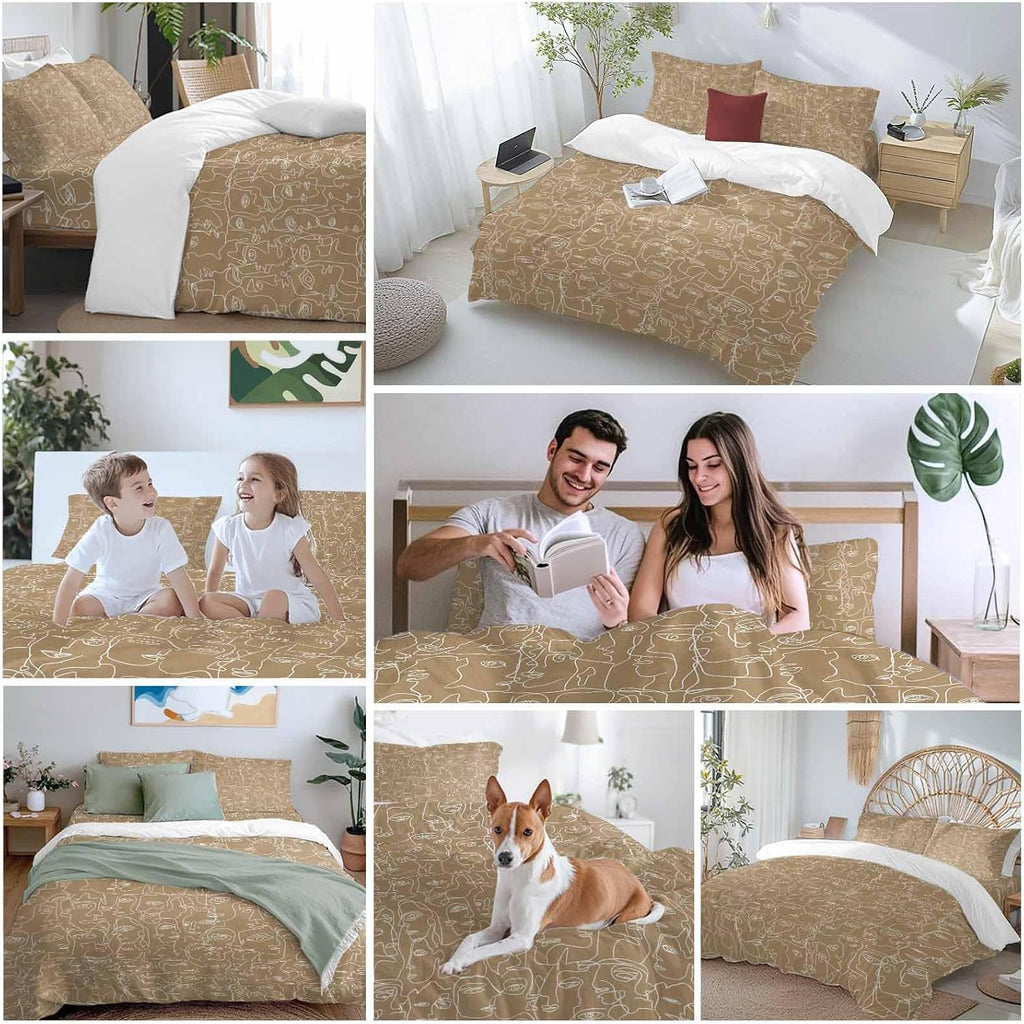 Brown Modern Art Duvet Cover Set Queen Size 4 Pieces White Abstract Line Human Face Minimalist Bedding Set with Zipper Closure, 1 Comforter Cover 90x92 Inches 1 Flat Sheet & 2 Pillow Cases