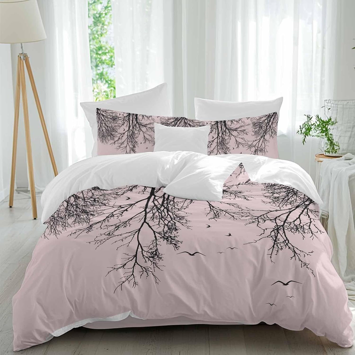 Prime Leader Tree Branches Bird Duvet Cover Set Queen Size 4 Pieces Pink Background Black Deadwood Bedding Set with Zipper Closure, 1 Comforter Cover 86x86 Inches 1 Flat Sheet & 2 Pillow Cases
