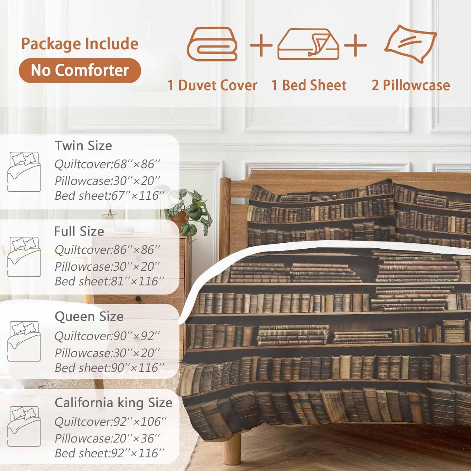 Prime Leader Vintage Bookshelf Duvet Cover Set Queen Size 4 Pieces Library Book Retro Bedding Set with Zipper Closure, 1 Comforter Cover 90x92 Inches 1 Flat Sheet & 2 Pillow Cases