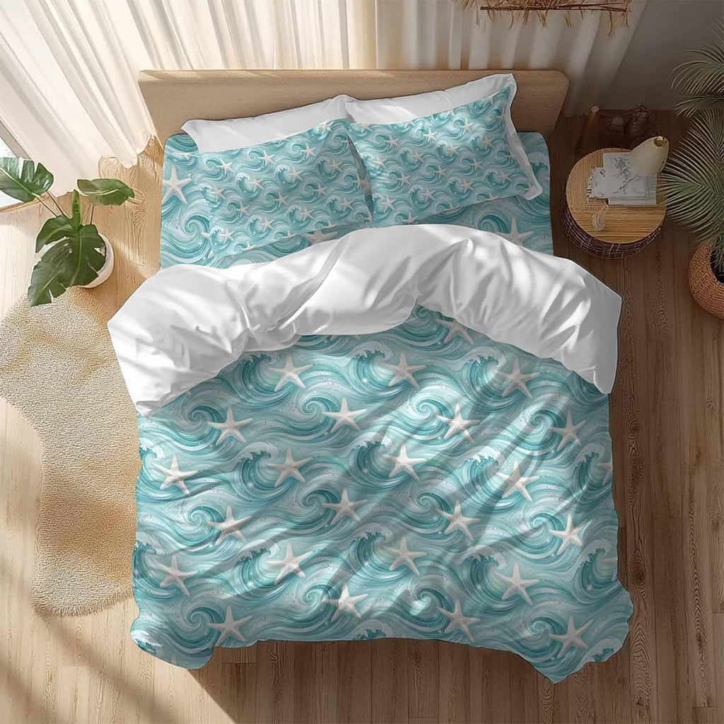 Teal Ocean Starfish Duvet Cover Set Queen Size 4 Pieces Nautical Coastal Watercolor Sea Waves Starfish Bedding Set with Zipper Closure, 1 Comforter Cover 90x92 Inches 1 Flat Sheet & 2 Pillow Cases