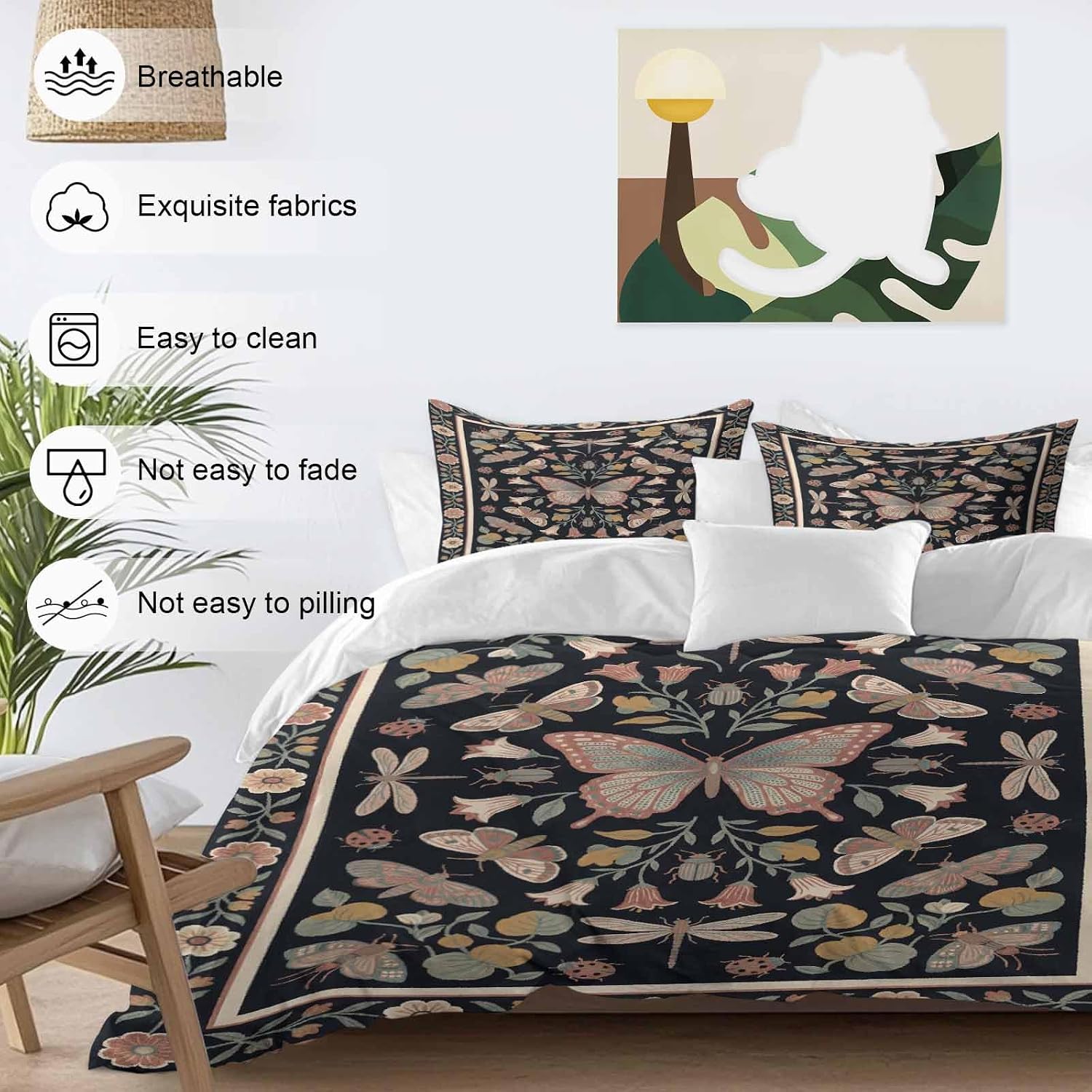 Retro Theme Duvet Cover Set Queen Size 4 Pieces Butterfly Dragonfly Plants Flowers Leaves Black Bedding Set with Zipper Closure, 1 Comforter Cover 90x92 Inches 1 Flat Sheet & 2 Pillow Cases