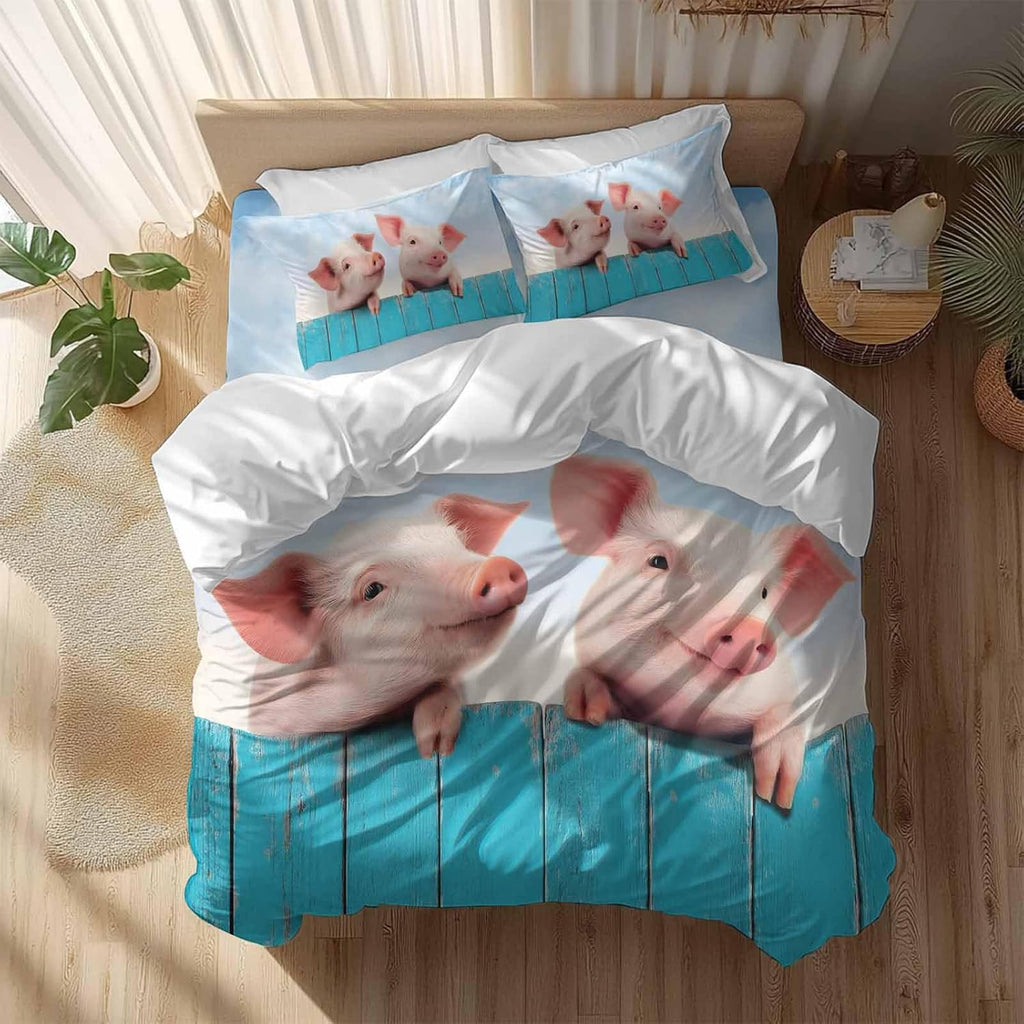 Prime Leader Pigs Duvet Cover Set Queen Size 4 Pieces Farmhouse Cute Pigs Blue Wooden Fence Blue Sky Bedding Set with Zipper Closure, 1 Comforter Cover 90x92 Inches 1 Flat Sheet & 2 Pillow Cases