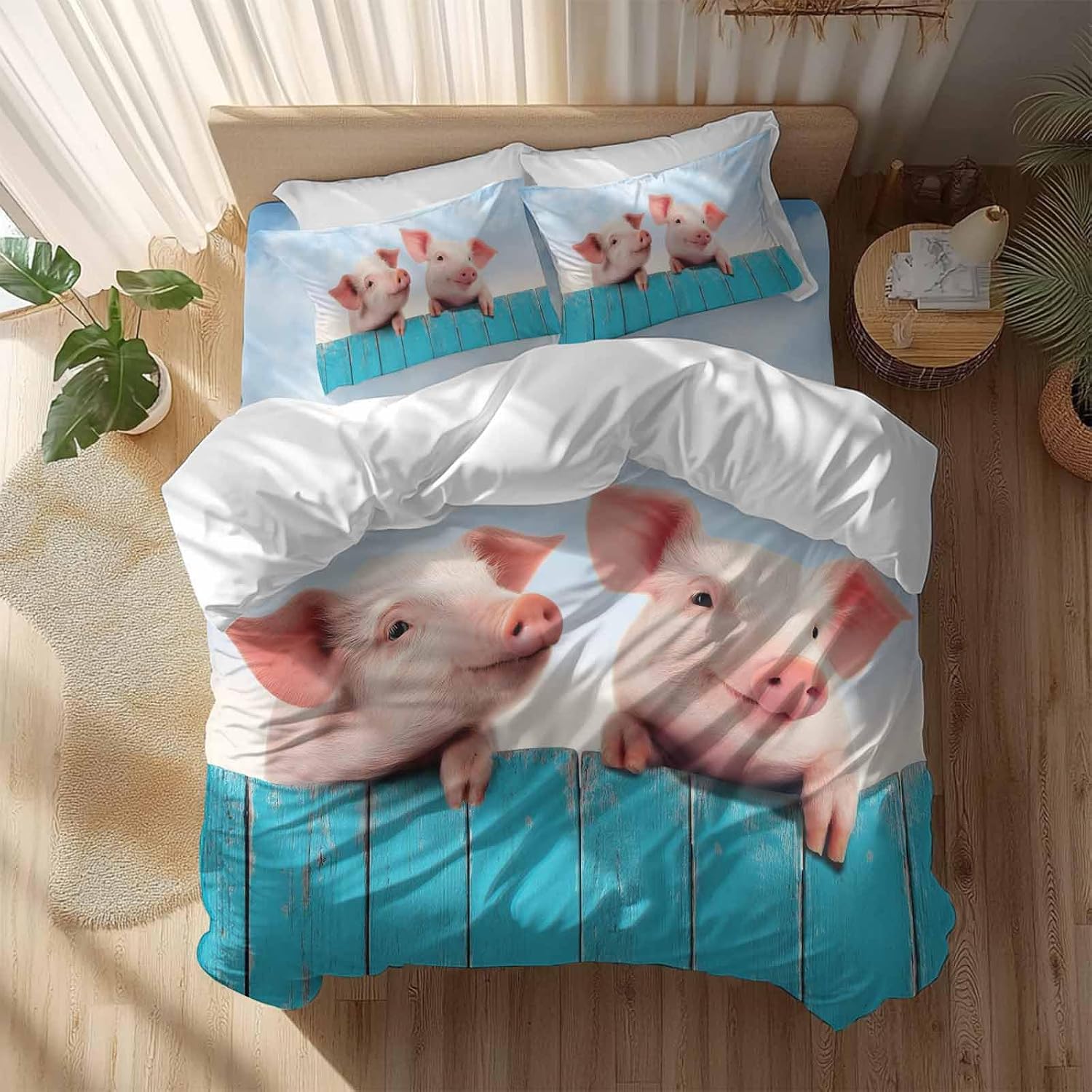 Prime Leader Pigs Duvet Cover Set Queen Size 4 Pieces Farmhouse Cute Pigs Blue Wooden Fence Blue Sky Bedding Set with Zipper Closure, 1 Comforter Cover 92x106 Inches 1 Flat Sheet & 2 Pillow Cases