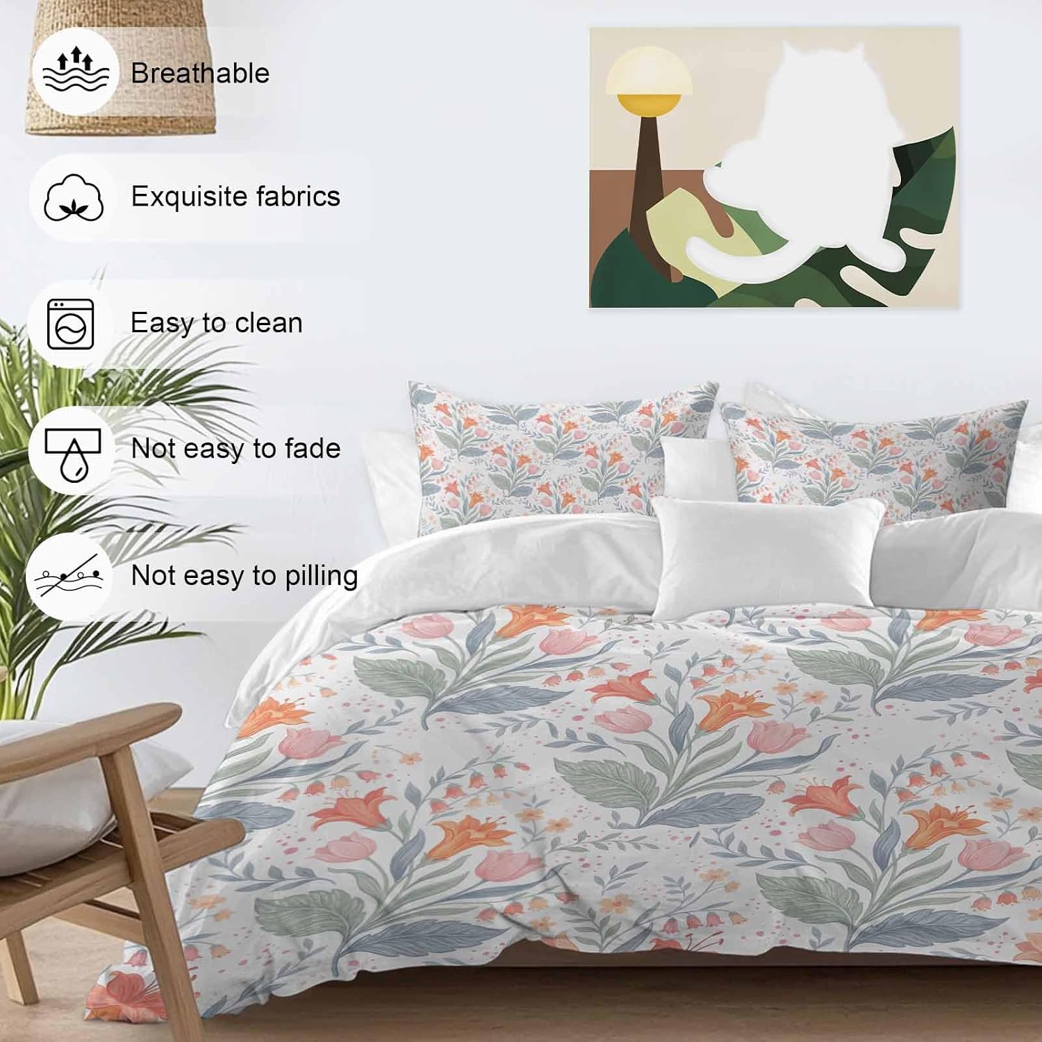 Pink Orange Flower Duvet Cover Set Queen Size 4 Pieces Watercolor Floral Green Leaf Rustic Country Bedding Set with Zipper Closure, 1 Comforter Cover 86x86 Inches 1 Flat Sheet & 2 Pillow Cases