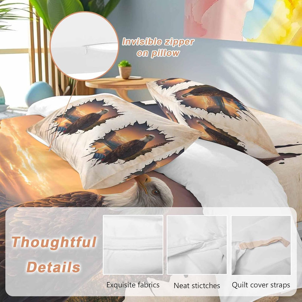 Independence Day Duvet Cover Set Queen Size 4 Pieces Eagle Retro American Flag Sunset Country Bedding Set with Zipper Closure, 1 Comforter Cover 90x92 Inches 1 Flat Sheet & 2 Pillow Cases