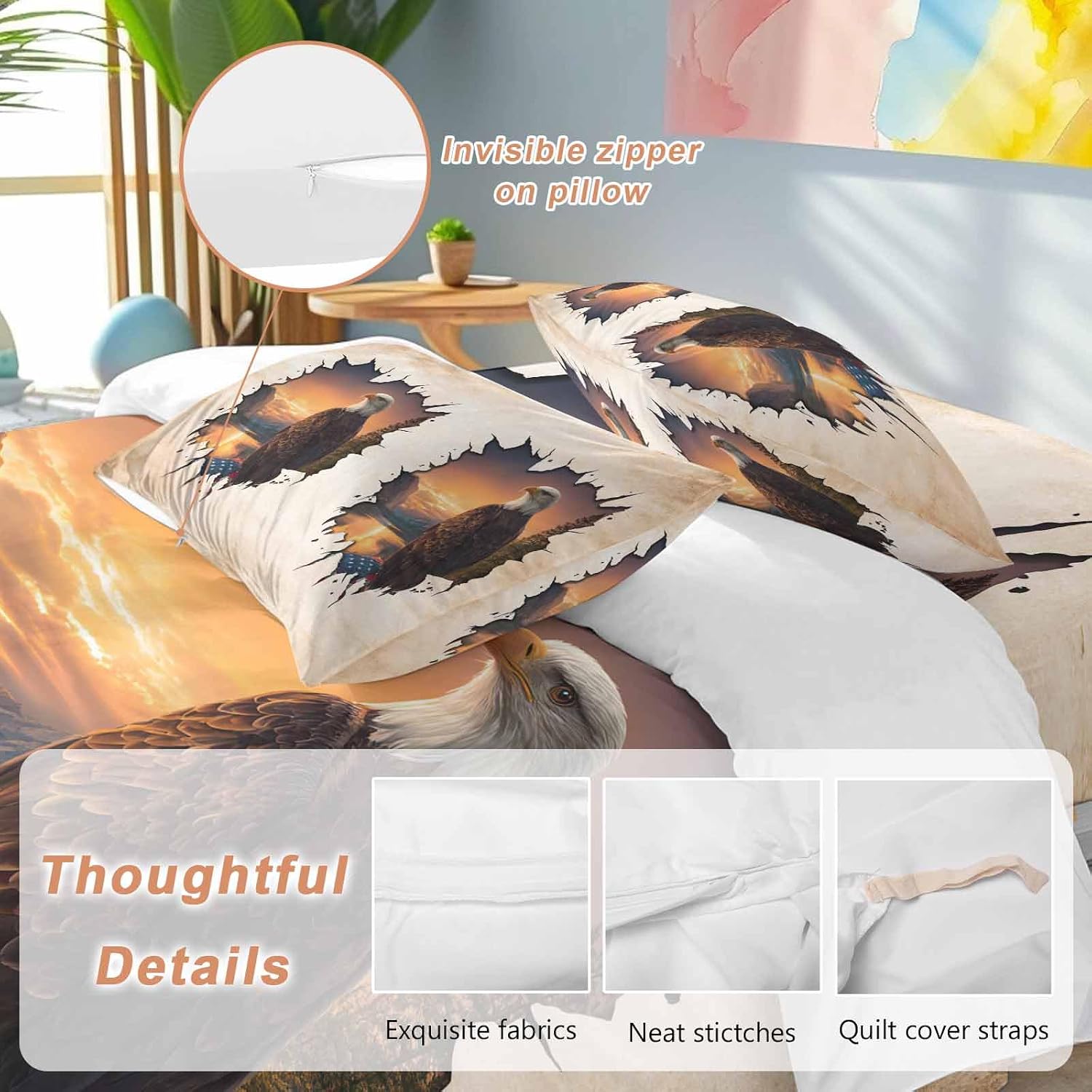 Independence Day Duvet Cover Set Queen Size 4 Pieces Eagle Retro American Flag Sunset Country Bedding Set with Zipper Closure, 1 Comforter Cover 90x92 Inches 1 Flat Sheet & 2 Pillow Cases