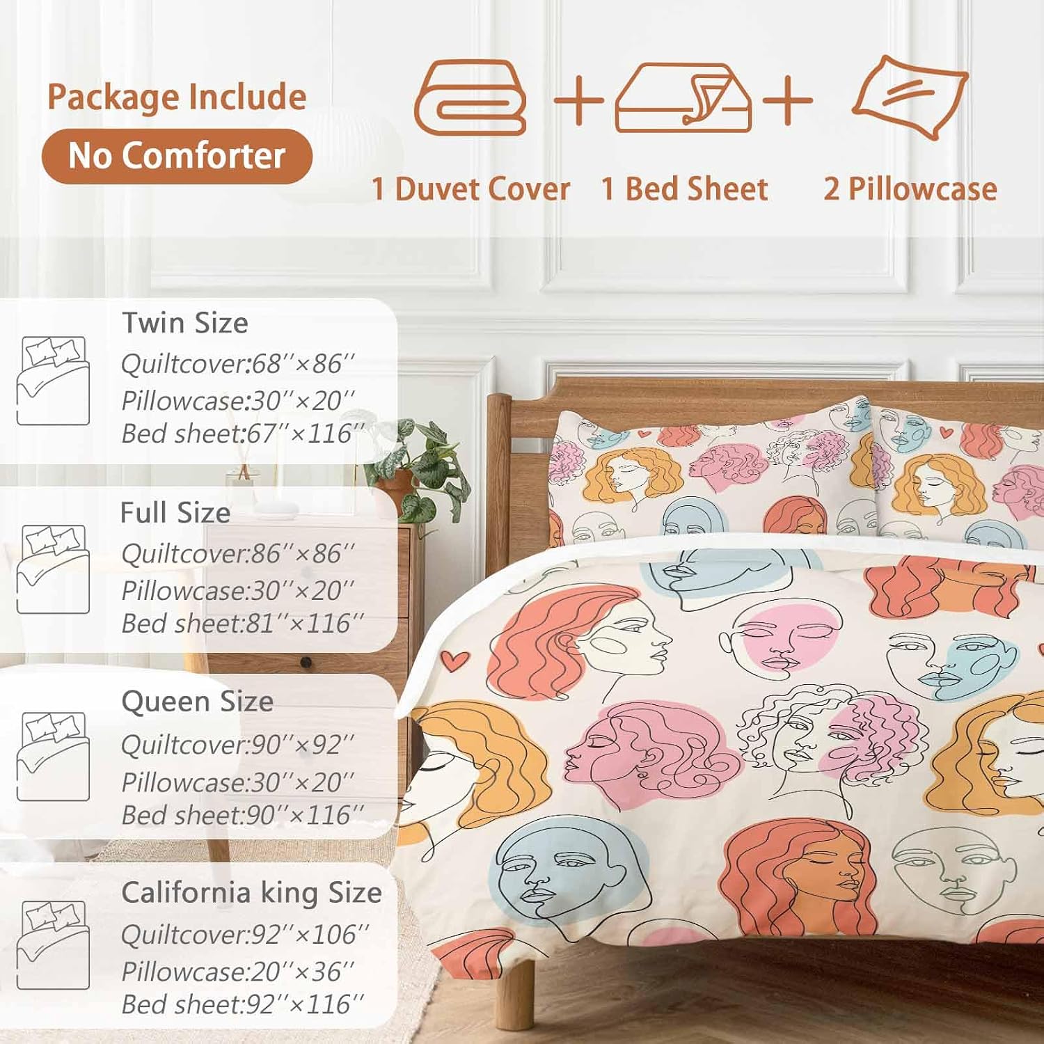 Abstract Face Painting Duvet Cover Set Queen Size 4 Pieces Boho Pink Portraits Minimalist Line Bedding Set with Zipper Closure, 1 Comforter Cover 92x106 Inches 1 Flat Sheet & 2 Pillow Cases