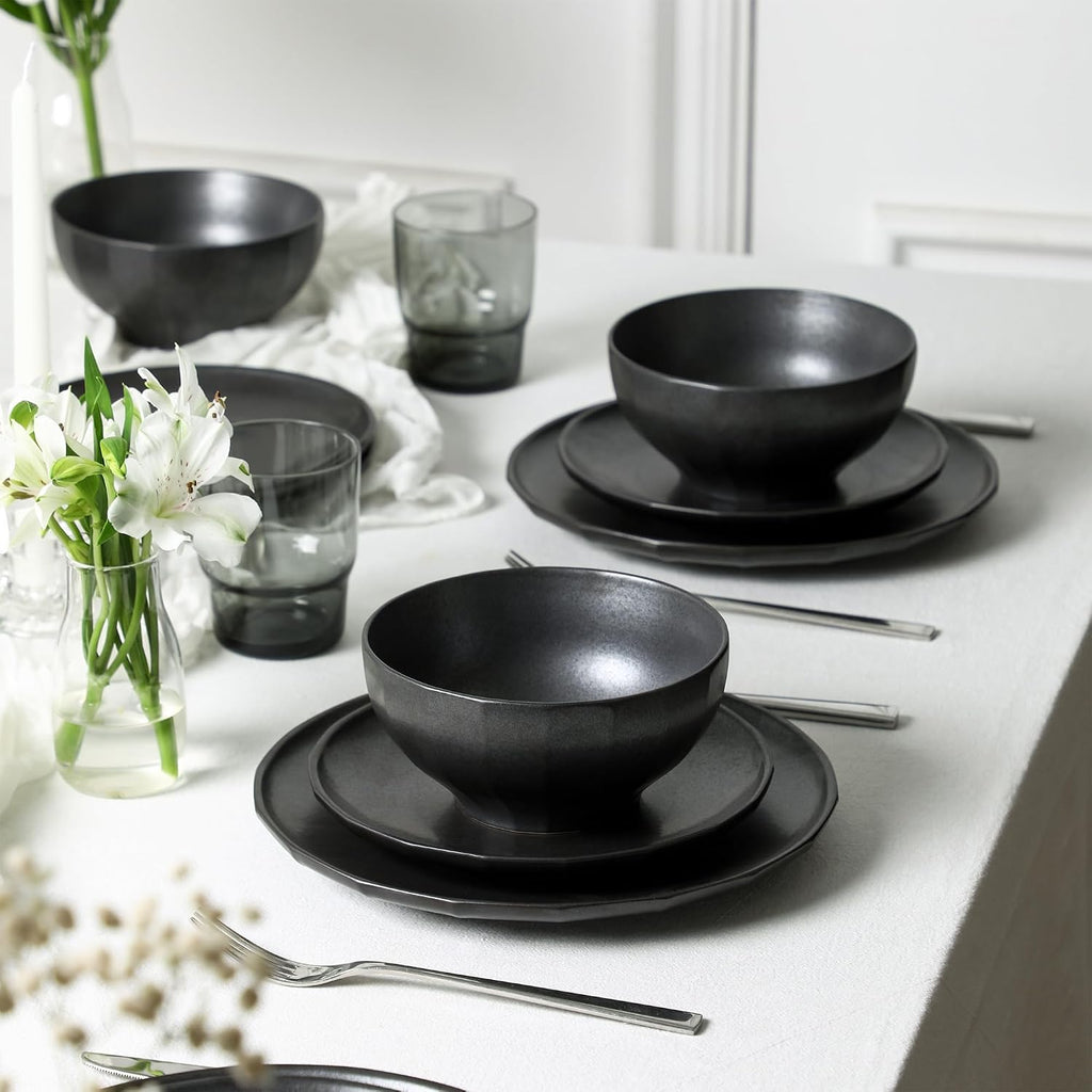 Stone Lain Rio Stoneware 32 Piece Dinnerware Set, Plates and Bowls Sets, Black Dish Set for 8 with Fluted Colored Glass Cups, Microwave & Dishwasher Safe