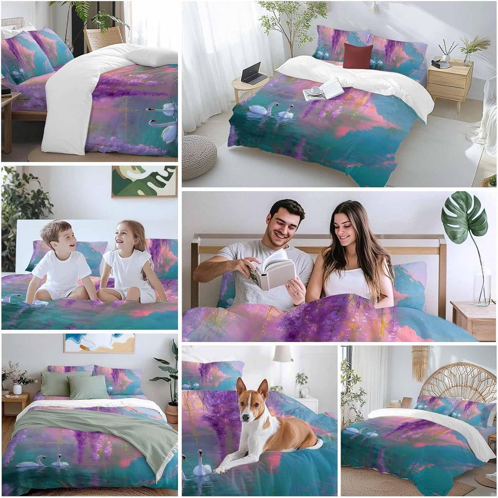 Swan Duvet Cover Set Queen Size 4 Pieces Oil Painting Spring Wisteria Gradient Pink Green Lake Bedding Set with Zipper Closure, 1 Comforter Cover 90x92 Inches 1 Flat Sheet & 2 Pillow Cases
