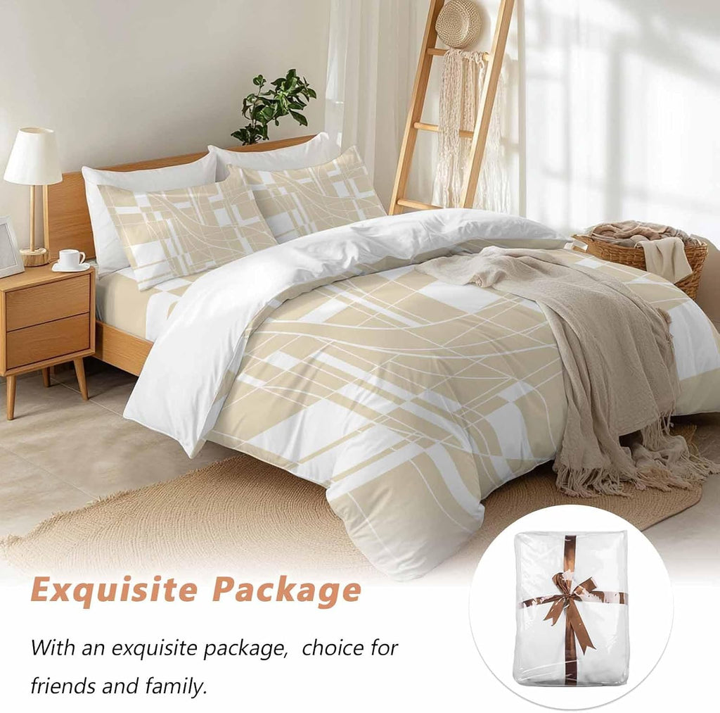 Prime Leader Lines Duvet Cover Set Queen Size 4 Pieces Abstarct Geometric White Lines Plaid Light Brown Bedding Set with Zipper Closure, 1 Comforter Cover 90x92 Inches 1 Flat Sheet & 2 Pillow Cases
