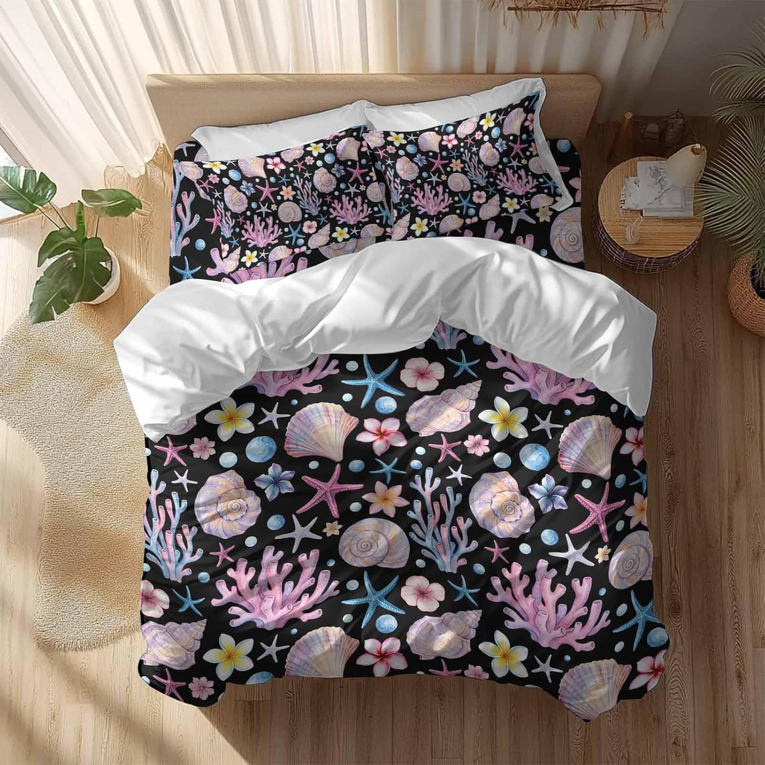 Summer Beach Duvet Cover Set Queen Size 4 Pieces Ocean Starfish Shell Coastal Conch Coral Flowers Black Bedding Set with Zipper Closure, 1 Comforter Cover 90x92 Inches 1 Flat Sheet & 2 Pillow Cases