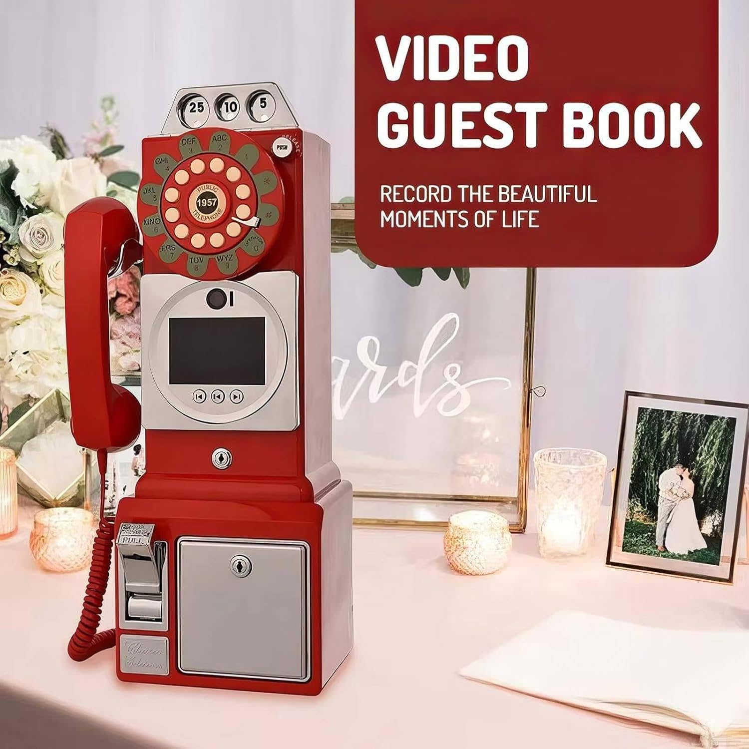 1080P Video Guestbook Wedding Phone, Retro Classic Audio Guestbook Record Customized Audio Messages with Guest Book Telephone for Parties Weddings Birthdays Rentals Confessions,Red-32G