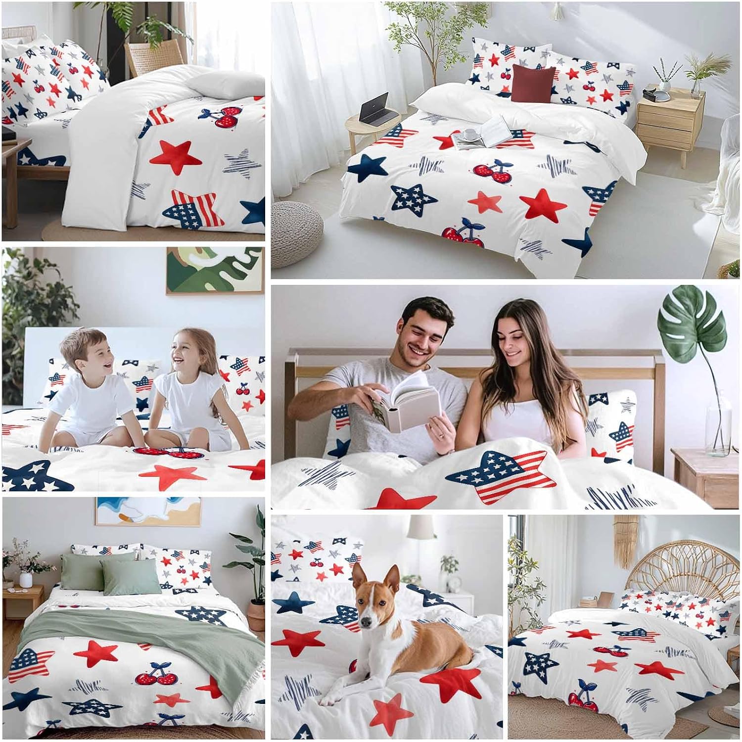 Independence Day Duvet Cover Set Queen Size 4 Pieces Graffiti Five-Pointed Star Cartoon Polka Dot Cherry Bedding Set with Zipper Closure, 1 Comforter Cover 90x92 Inches 1 Flat Sheet & 2 Pillow Cases