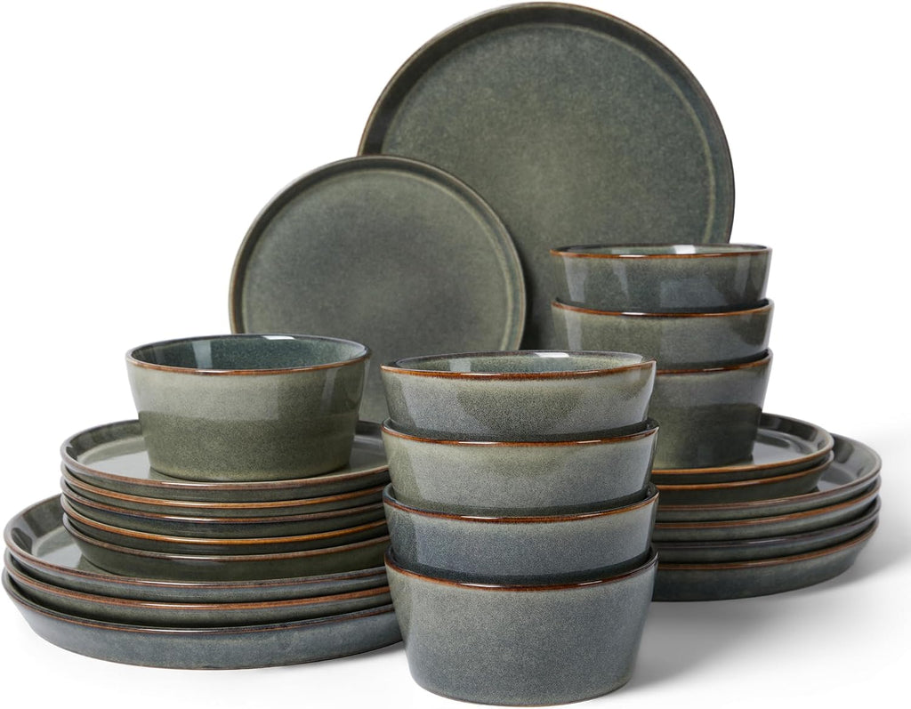 Pokini Dinnerware Sets, Microwave Safe Plates and Bowls Sets, Dishes Set for 8, Chip & Scratch Resistant Dinner Set, Handcrafted Farmhouse Dishware Sets, Green Wheat