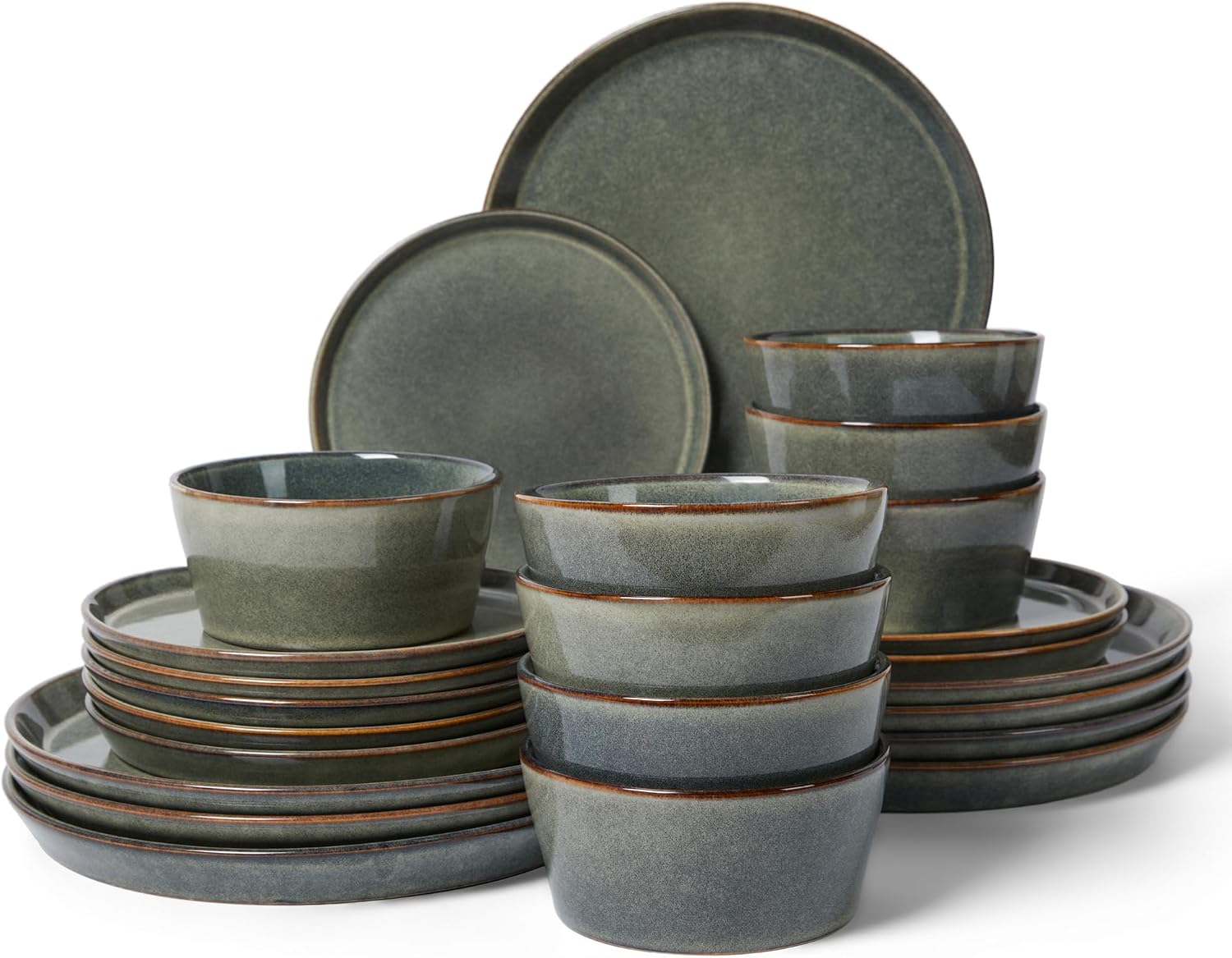 Pokini Dinnerware Sets, Microwave Safe Plates and Bowls Sets, Dishes Set for 8, Chip & Scratch Resistant Dinner Set, Handcrafted Farmhouse Dishware Sets, Green Wheat