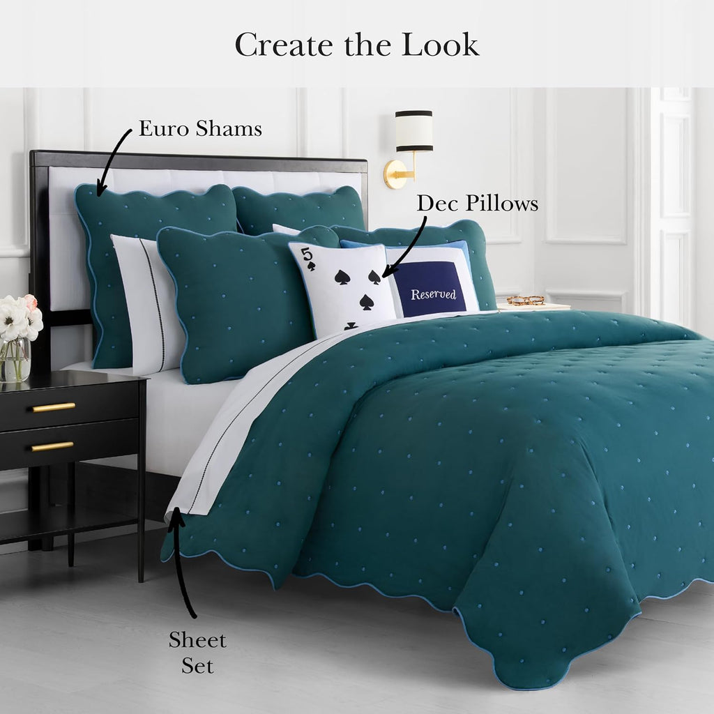 kate spade new york Scalloped Edge 2-Piece Twin Quilt Bedding Set, 100% Cotton Voile Reversible Cover, All Season Bedding, Machine Washable, Blue Spruce