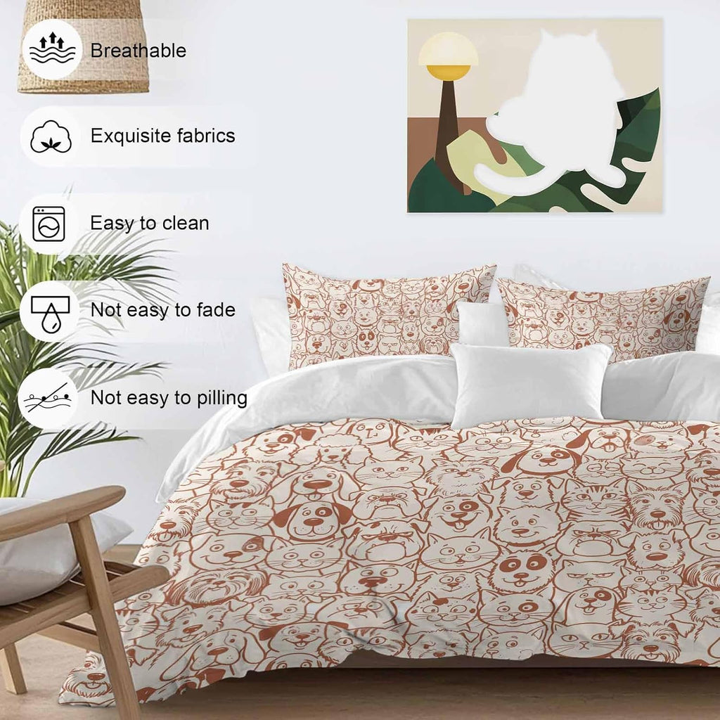 Cartoon Cat Duvet Cover Set Queen Size 4 Pieces Cute Dog Vintage Brown Line Animal Abstract Puppy Bedding Set with Zipper Closure, 1 Comforter Cover 90x92 Inches 1 Flat Sheet & 2 Pillow Cases