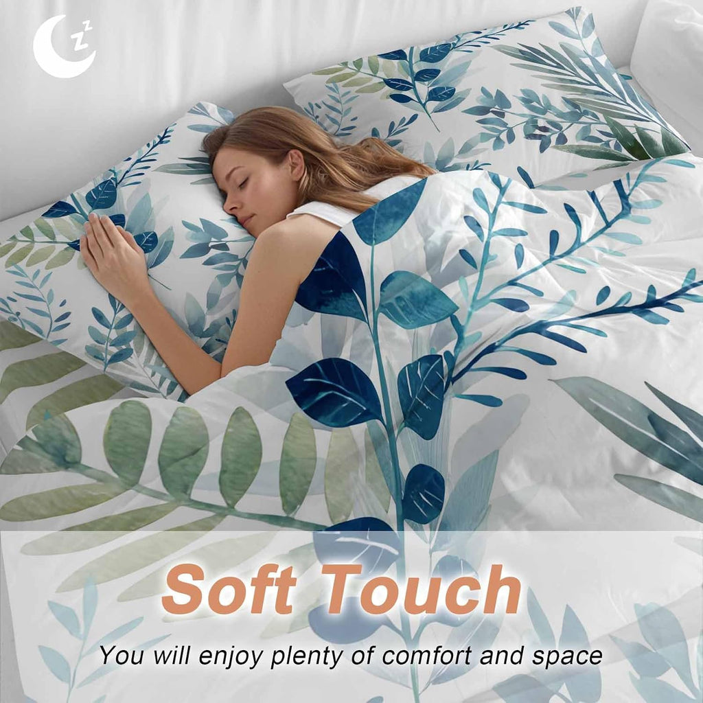 Spring Leaves Duvet Cover Set Queen Size 4 Pieces Watercolor Blue Green Leaf Plant Branch Bedding Set with Zipper Closure, 1 Comforter Cover 90x92 Inches 1 Flat Sheet & 2 Pillow Cases