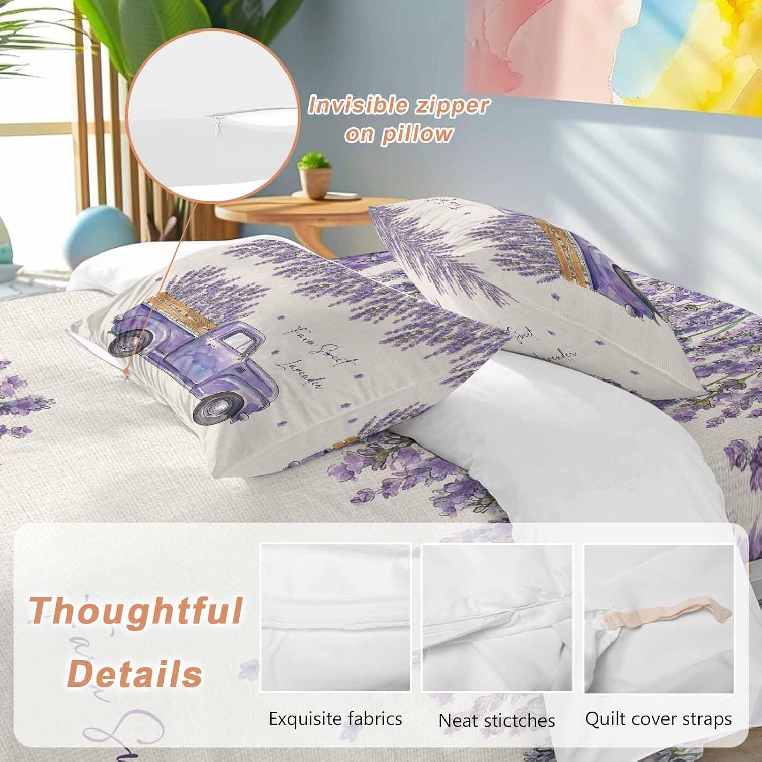 Purple Floral Duvet Cover Set Queen Size 4 Pieces Farm Sweet Lavender Truck Rustic Linen Texture Bedding Set with Zipper Closure, 1 Comforter Cover 86x86 Inches 1 Flat Sheet & 2 Pillow Cases
