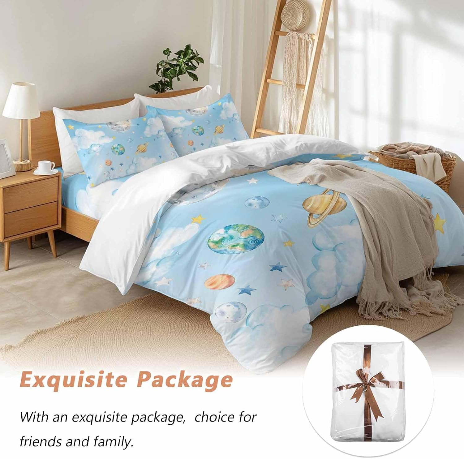 Prime Leader Planets Blue Sky Duvet Cover Set Queen Size 4 Pieces Earth Moon Yellow Star Clouds Dreamy Bedding Set with Zipper Closure, 1 Comforter Cover 90x92 Inches 1 Flat Sheet & 2 Pillow Cases