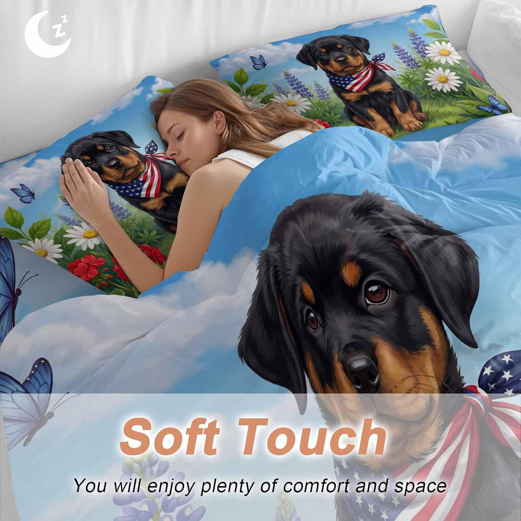 Independence Day Duvet Cover Set Queen Size 4 Pieces Watercolor U. S. Flag Cute Rottweiler Butterfly Bedding Set with Zipper Closure, 1 Comforter Cover 86x86 Inches 1 Flat Sheet & 2 Pillow Cases