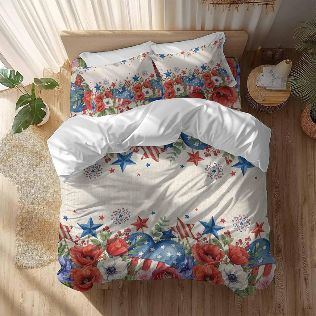 Independence Day Duvet Cover Set Queen Size 4 Pieces Blue Red White Floral Flower Love Heart Retro Bedding Set with Zipper Closure, 1 Comforter Cover 90x92 Inches 1 Flat Sheet & 2 Pillow Cases