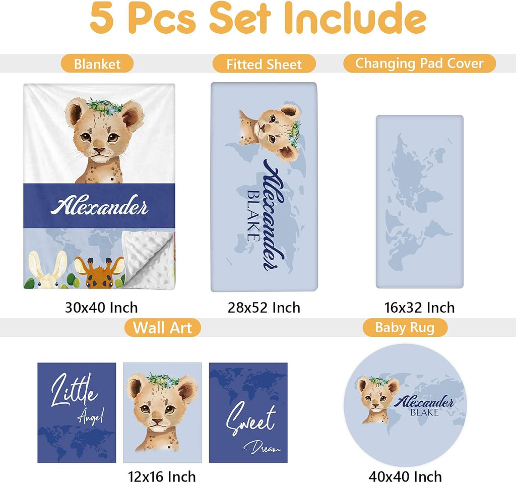 Terwex Personalized Baby Crib Bedding Set, 5 Pcs Custom Name Nursery Bedding Set, Deep Blue Leopard Baby Bedding Set for Boys, Double Layer Baby Crib Sets, Customized Gifts for Toddlers Kids Infants