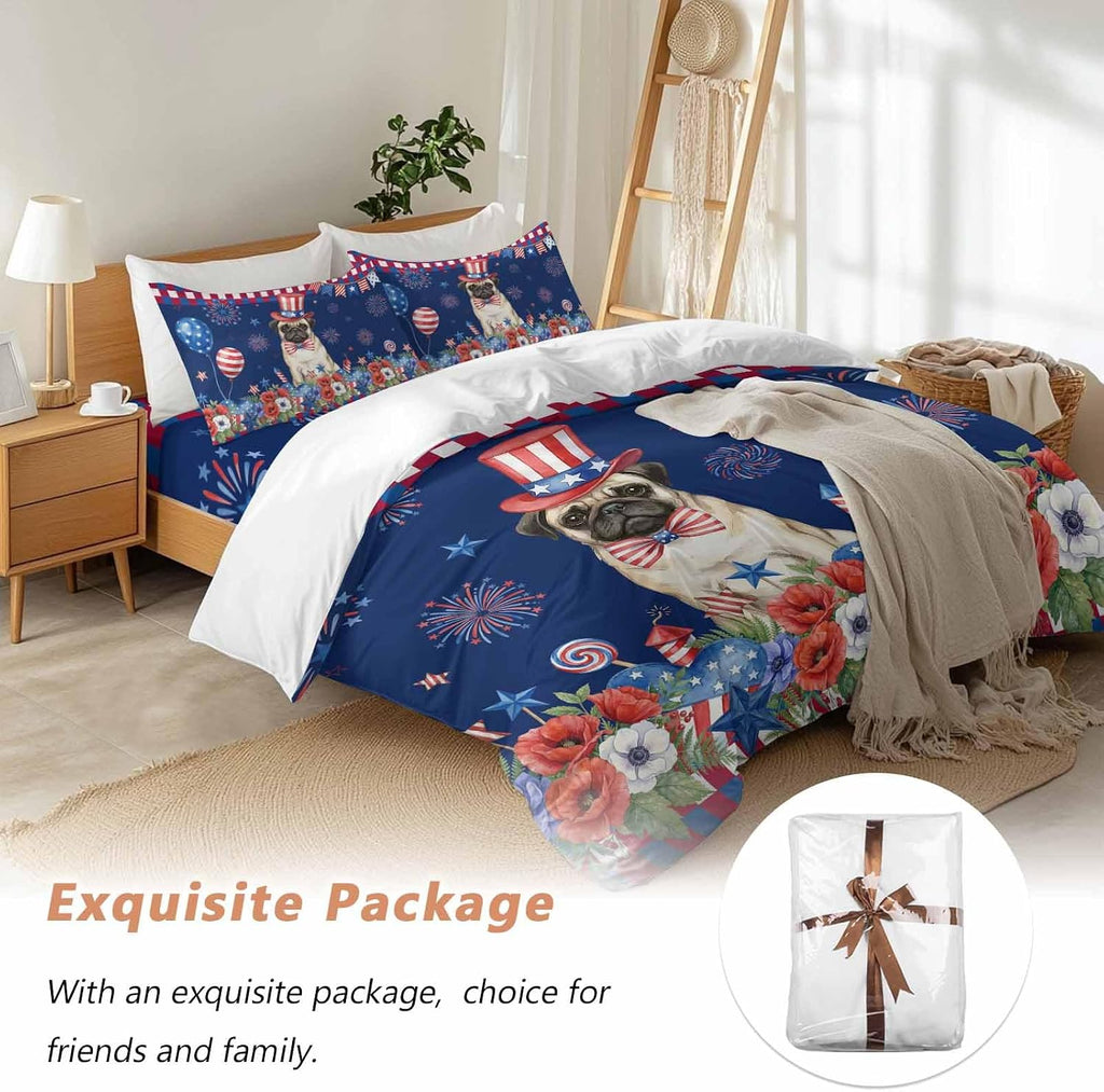 Independence Day Duvet Cover Set Queen Size 4 Pieces Cartoon Pug Dog Cute Puppy Colorful Poppy Bedding Set with Zipper Closure, 1 Comforter Cover 86x86 Inches 1 Flat Sheet & 2 Pillow Cases