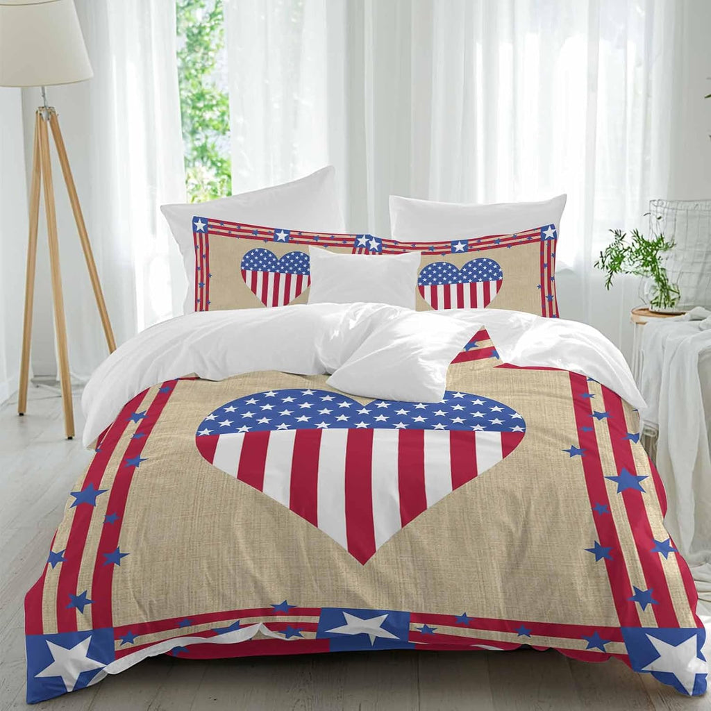 Prime Leader Happy 4th Duvet Cover Set Queen Size 4 Pieces of July USA Flag Love Heart Retro Linen Bedding Set with Zipper Closure, 1 Comforter Cover 86x86 Inches 1 Flat Sheet & 2 Pillow Cases