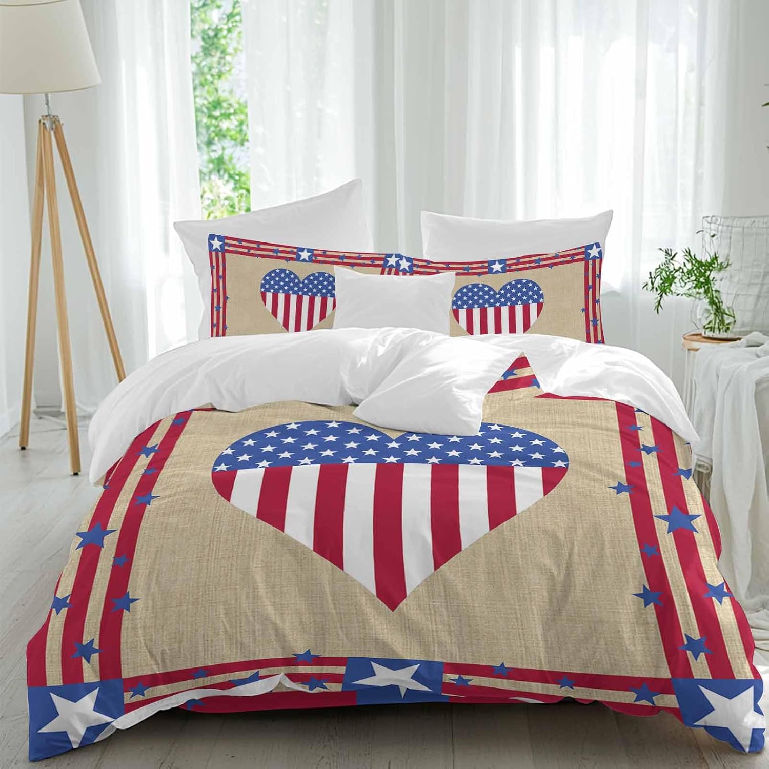 Prime Leader Happy 4th Duvet Cover Set Queen Size 4 Pieces of July USA Flag Love Heart Retro Linen Bedding Set with Zipper Closure, 1 Comforter Cover 86x86 Inches 1 Flat Sheet & 2 Pillow Cases