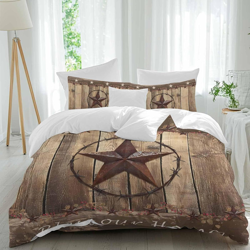 Vintage Duvet Cover Set Queen Size 4 Pieces Western Country Brown Texas Star Wood Grain Farmhouse Bedding Set with Zipper Closure, 1 Comforter Cover 86x86 Inches 1 Flat Sheet & 2 Pillow Cases