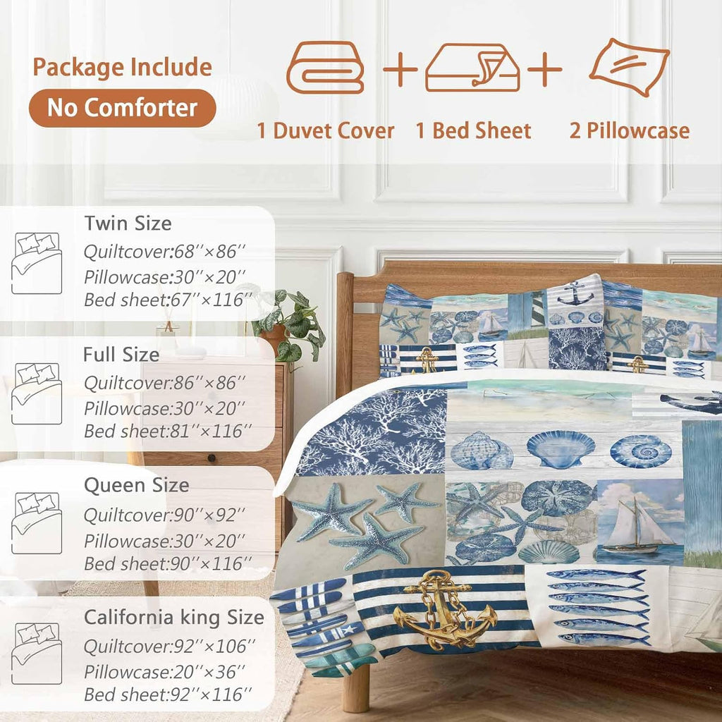 Summer Nautical Duvet Cover Set Queen Size 4 Pieces Blue Starfish Shells Anchor Boat Patchwork Bedding Set with Zipper Closure, 1 Comforter Cover 90x92 Inches 1 Flat Sheet & 2 Pillow Cases