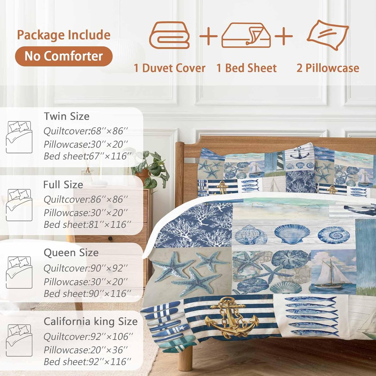 Summer Nautical Duvet Cover Set Queen Size 4 Pieces Blue Starfish Shells Anchor Boat Patchwork Bedding Set with Zipper Closure, 1 Comforter Cover 90x92 Inches 1 Flat Sheet & 2 Pillow Cases