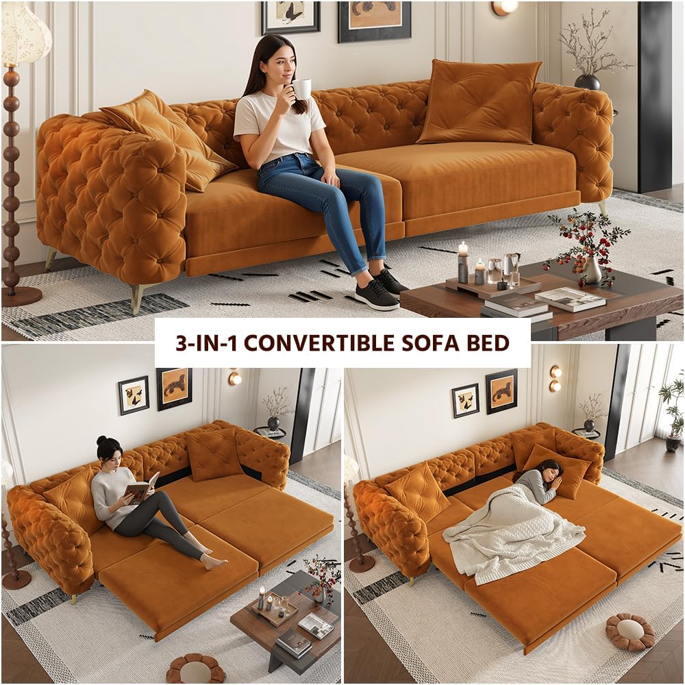 WILLIAMSPACE 97.7' 3-in-1 Convertible Sleeper Sofa Bed, Modern Button Tufted 28.4' Deep Seat Pull Out Couch Bed with Movable Ottoman, Multi-Functional 4-Seater Couch for Living Room, Velvet - Orange