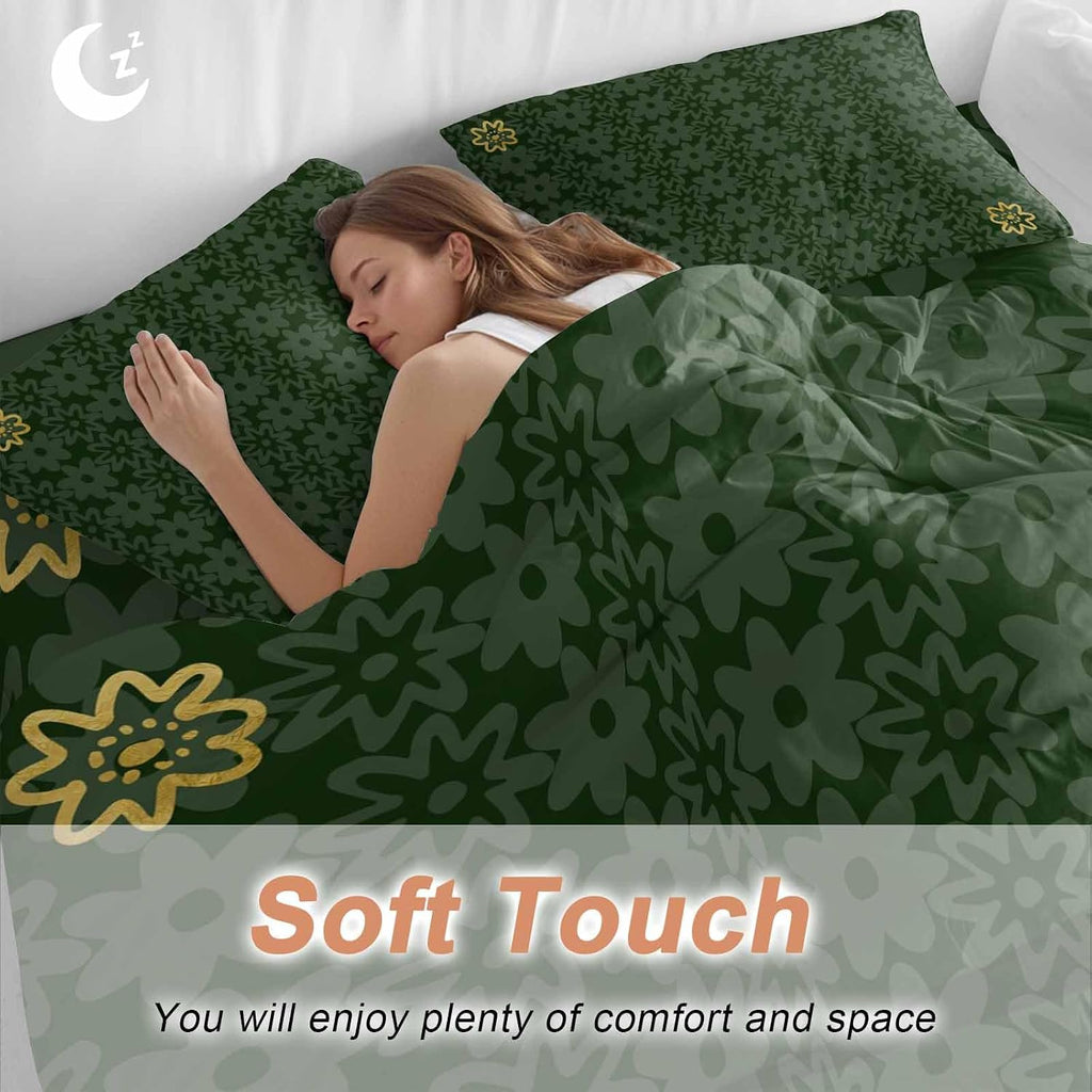 Prime Leader Flowers Duvet Cover Set Queen Size 4 Pieces Spring Green Yellow Daisy Floral Green Bedding Set with Zipper Closure, 1 Comforter Cover 92x106 Inches 1 Flat Sheet & 2 Pillow Cases