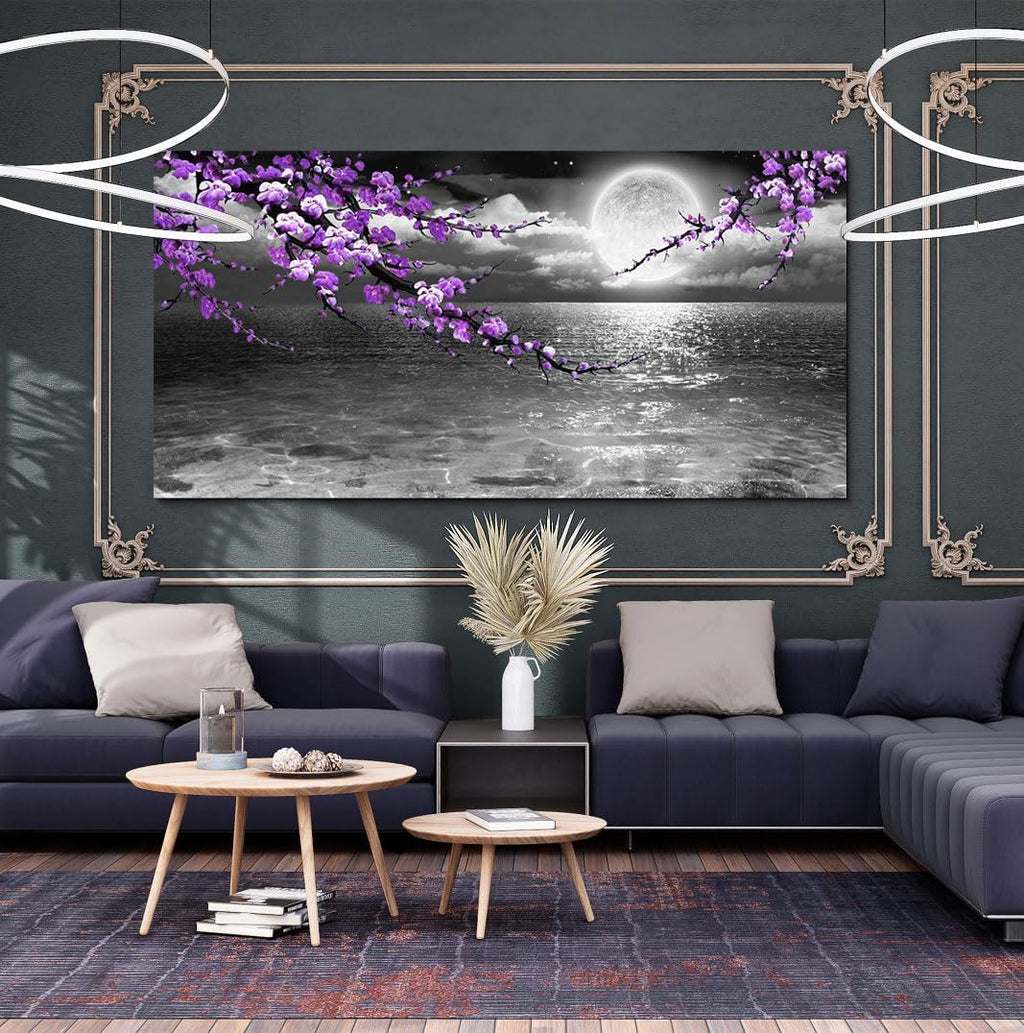 Large Purple Wall Art Decor for Living Room Bedroom Framed Black and White Seascape Full Moon Purple Flower Painting Canvas Picture Modern Hand-Painted Plum Blossom Artwork for Home Office