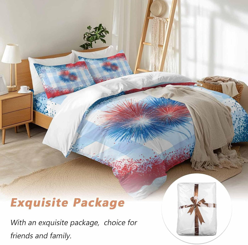 Independence Day Firework Duvet Cover Set Queen Size 4 Pieces 4th of July American Flag Blue Plaid Bedding Set with Zipper Closure, 1 Comforter Cover 86x86 Inches 1 Flat Sheet & 2 Pillow Cases