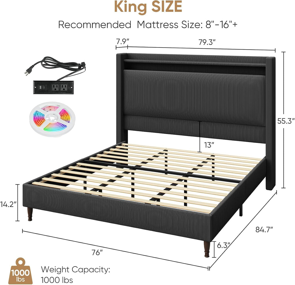 King Size Bed Frame with Tall Headboard, 55.3' Corduroy Upholstered Platform Bedframe with LED Lights & Charging Station, King Beds Wingback Storage Headboard, No Box Spring Needed, Wood Slats, Black