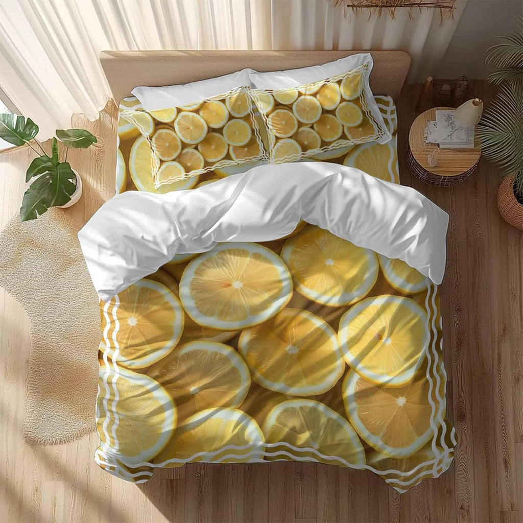 Yellow Lemon Duvet Cover Set Queen Size 4 Pieces Retro Country Watercolor Fruit Farmhouse Stripes Bedding Set with Zipper Closure, 1 Comforter Cover 92x106 Inches 1 Flat Sheet & 2 Pillow Cases