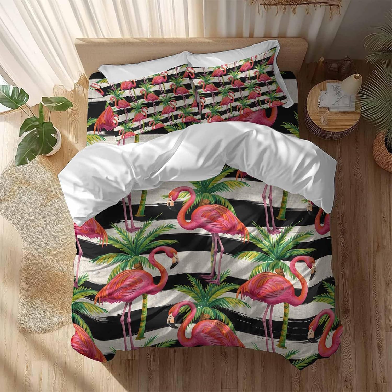 Prime Leader Pink Flamingo Duvet Cover Set Queen Size 4 Pieces Palm Leaf White Black Striped Vintage Bedding Set with Zipper Closure, 1 Comforter Cover 90x92 Inches 1 Flat Sheet & 2 Pillow Cases